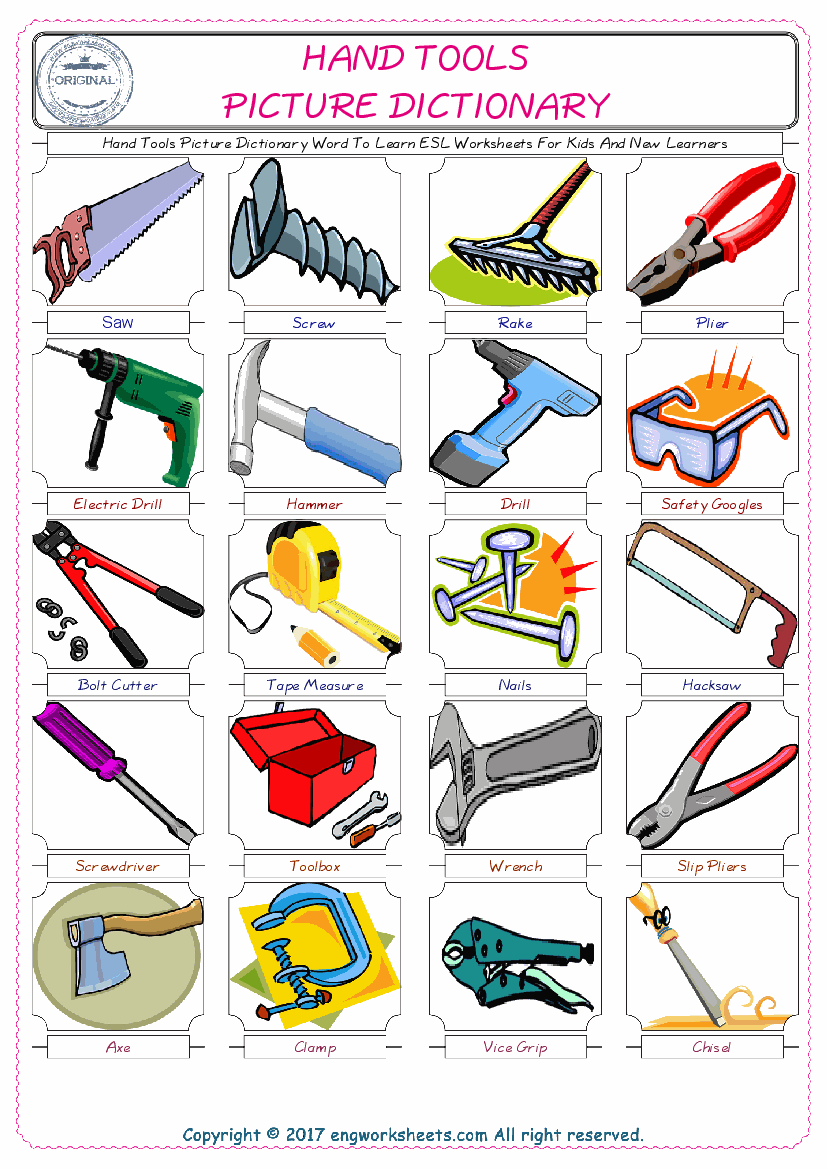  Hand Tools English Worksheet for Kids ESL Printable Picture Dictionary 